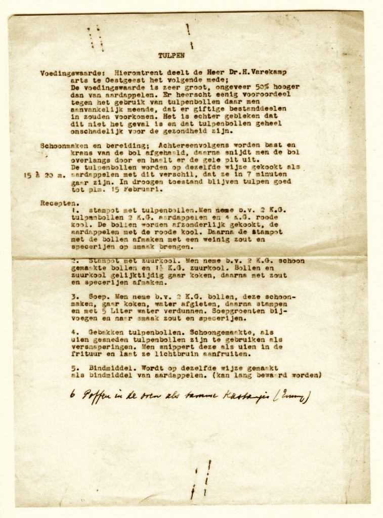 Dutch WWII recipe suggestions for use of tulip bulbs (courtesy of Verzetsmuseum, Amsterdam)